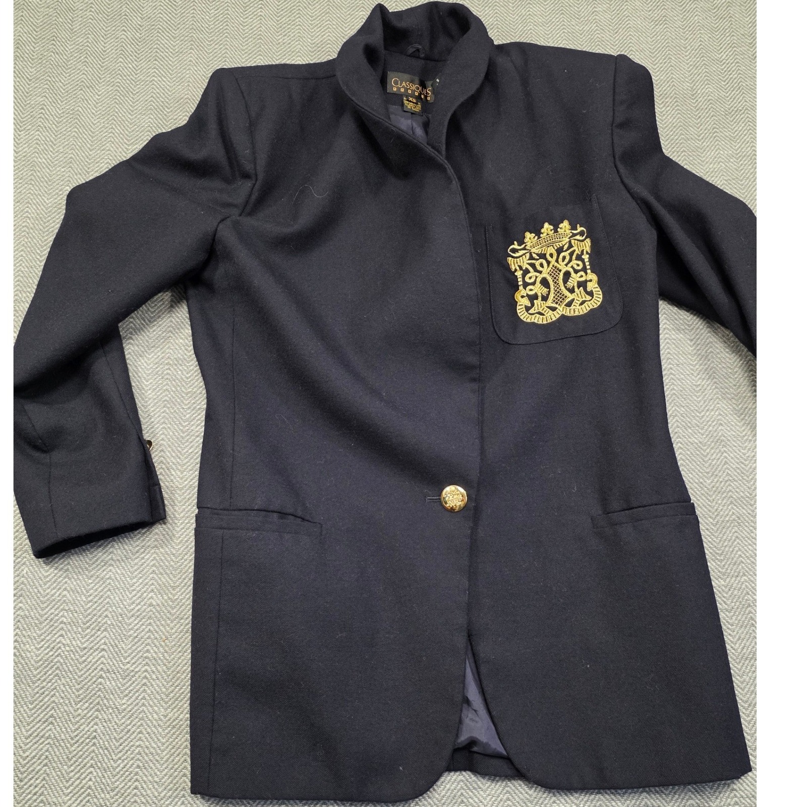 Classiques Entier Navy Wool Blazer Gold Crest Button Vintage Made In Japan Xs